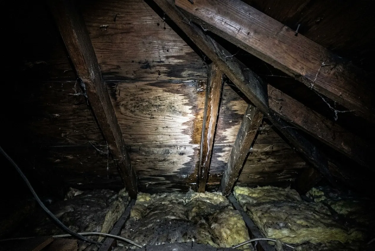Water staining on the underside of roof decking seen from inside a dark attic, lit by a torch beam