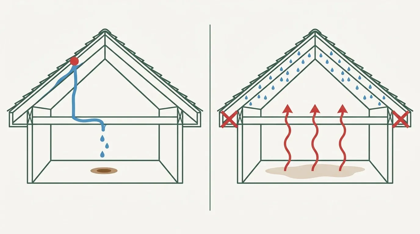 Side-by-side attic cutaway diagram. A roof leak shows one wet path from a single entry point to a defined ceiling stain. Condensation shows moisture across the entire underside of the decking with blocked soffit vents