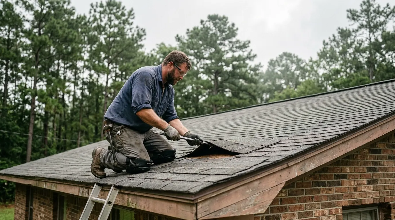A roofer kneeling on an asphalt shingle roof lifting a shingle course to trace a leak, on a single-storey house in south Georgia