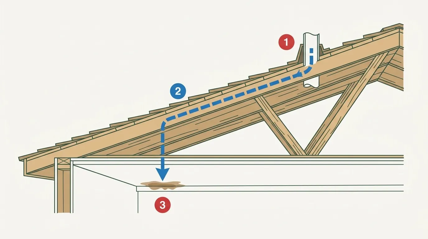Cutaway diagram showing water entering at a failed pipe boot high on a roof slope, running down the underside of the decking, and dropping through the ceiling several feet away