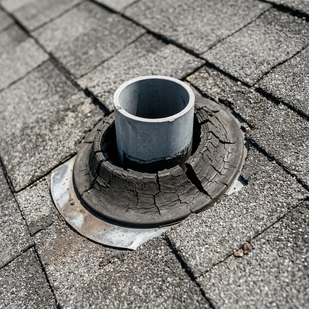 Close-up of a split and perished rubber collar around a plumbing vent pipe on an asphalt shingle roof