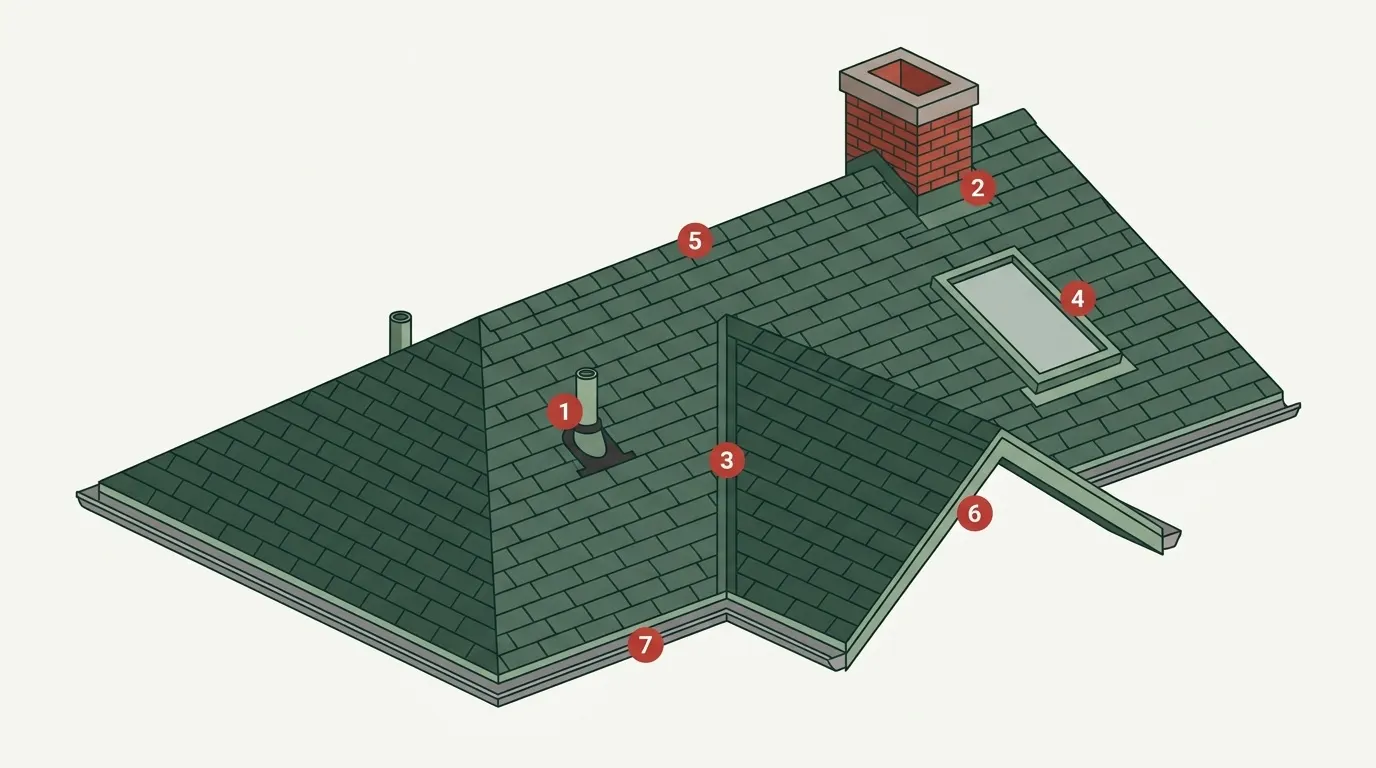 Illustrated diagram of a house roof with the seven most common leak entry points labelled: pipe boot, chimney flashing, valley, skylight, ridge, rake edge and gutter line