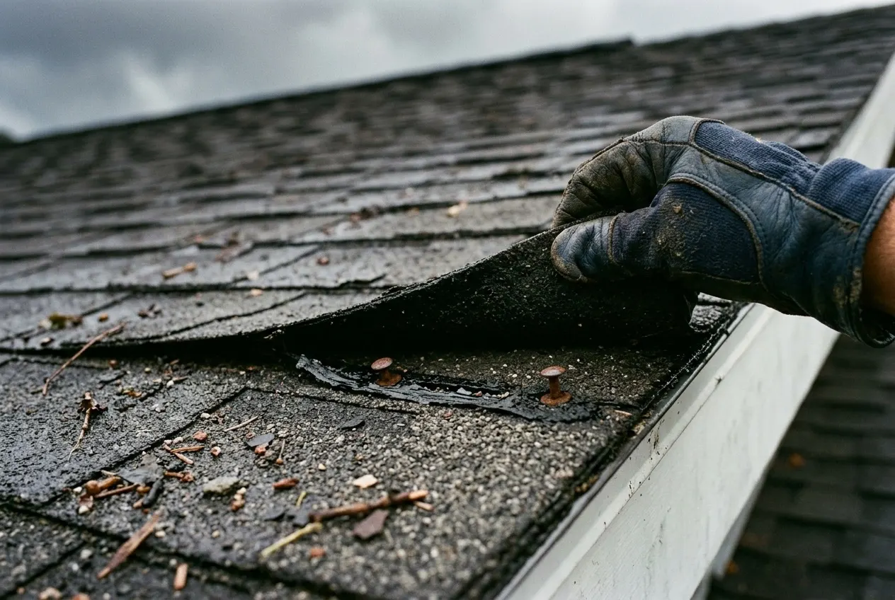A gloved hand lifting a shingle tab along a roof rake edge, showing the sealant strip has broken and the shingle is no longer bonded