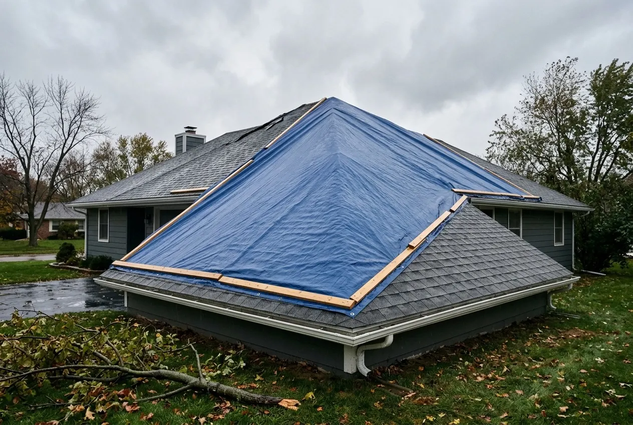 A blue emergency tarp anchored with wooden furring strips and run over the ridge of a storm-damaged roof