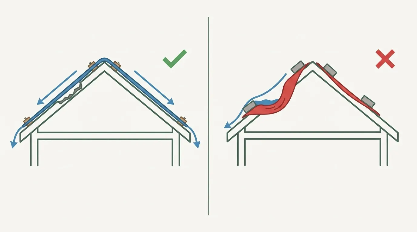 Side-by-side diagram comparing a correctly installed roof tarp run over the ridge and anchored with furring strips against an incorrect one that stops short and is weighted down with bricks